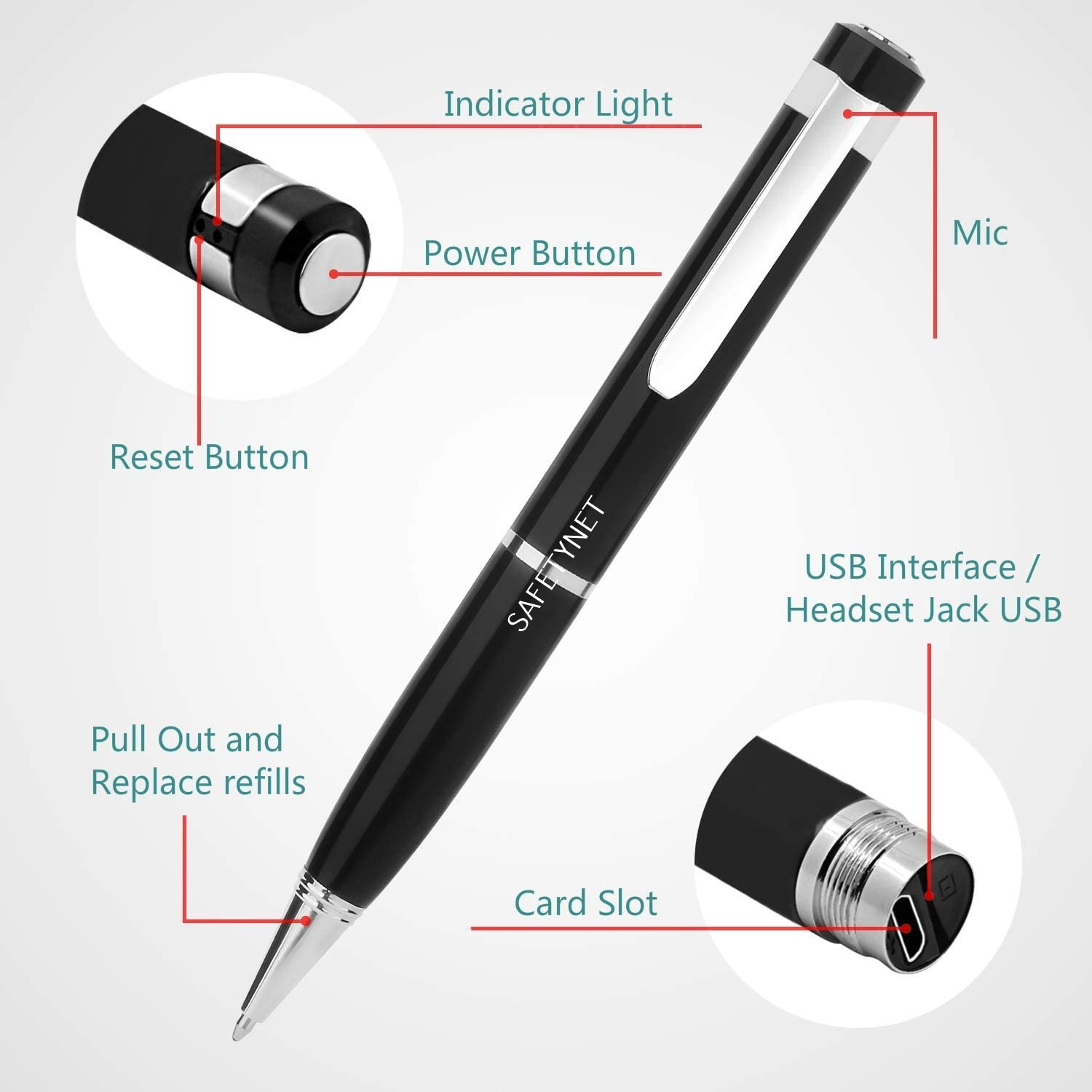 SAFETY NET Pen Digital Voice Recorder for Lectures Meeting Audio Voice Recording Device, Intelligent Noise Reduction, Mini Voice Recorder with Microphone