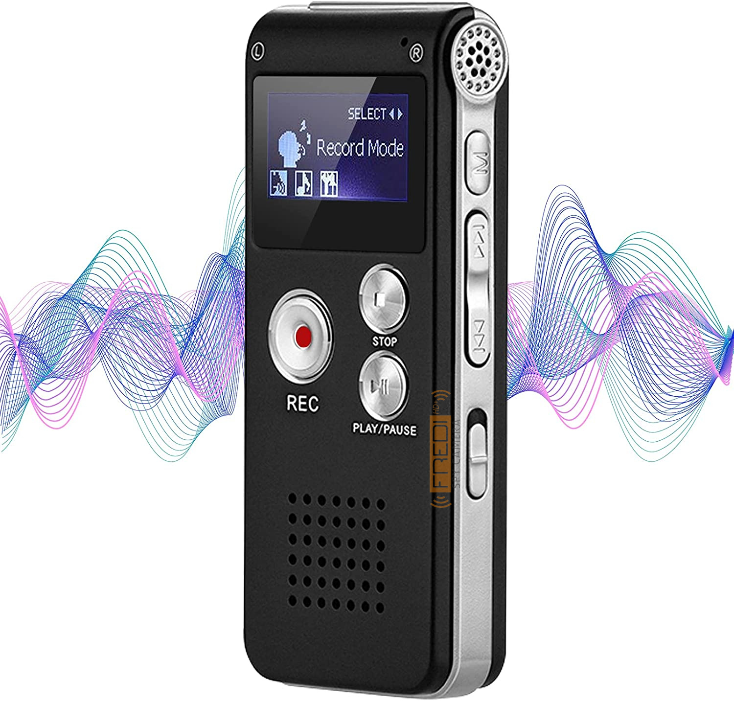 FREDI HD PLUS  Audio Voice Activated MP3 Player with Android USB Port, Multi-Function Voice Recorder with Built-in Speaker, Including Cable and Headphones-Black-Silver