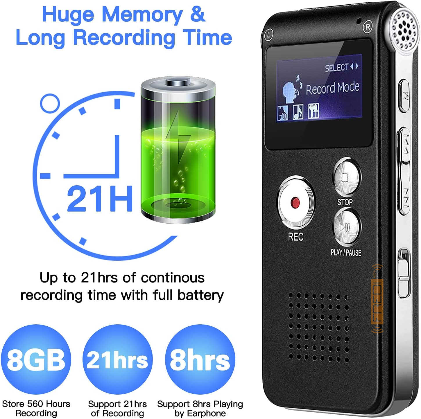FREDI HD PLUS  Audio Voice Activated MP3 Player with Android USB Port, Multi-Function Voice Recorder with Built-in Speaker, Including Cable and Headphones-Black-Silver